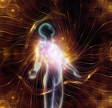 energy expanding from within Light Within series. 3D rendering of human figure, radiating light and fractal elements on the subject of inner energy, astral dimension and spirituality.