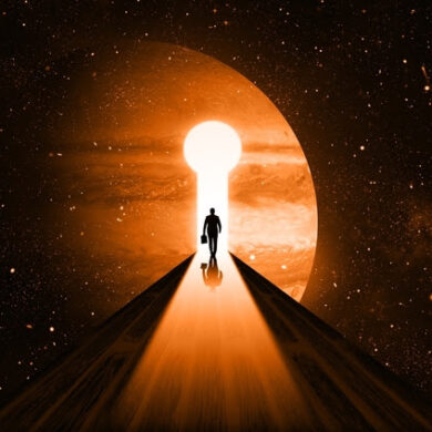 Business man walking on Keyhole Road The Mars Jupiter on Universe Cosmos background. Jupiter Business Future, Surreal Dreams and Imagination Concept