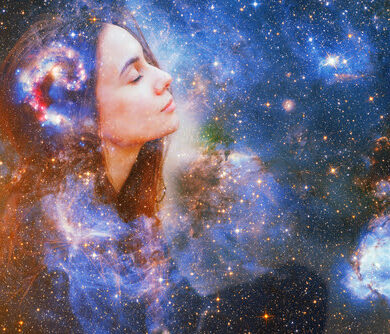woman universe Double exposure portrait of a young woman close eye face with galaxy space inside head. Human inner peace, star light fire, life zen girl love, rpa ai concept. Elements of this image furnished by NASA